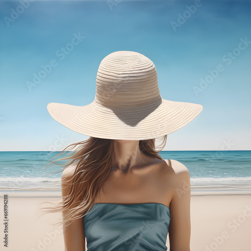 hyper realistic beach scene with a lady wearing a hat covering her face.