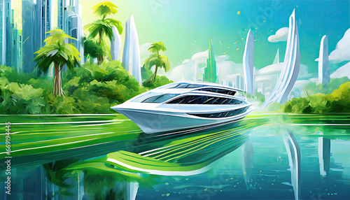 A brightly colored, futuristic white metropolis on a boat floating in a lush green environment.