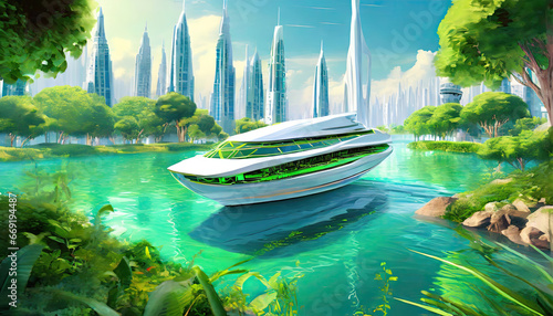 A brightly colored  futuristic white metropolis on a boat floating in a lush green environment.