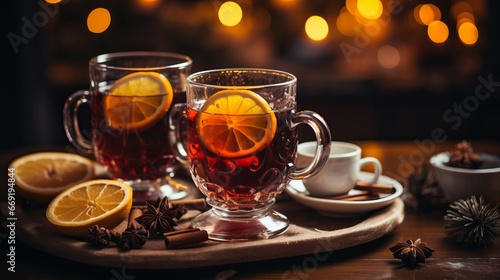 Mulled wine in a glass cup. Hot wine with spices and citrus slices. Sweet Christmas alcoholic drink with cinnamon and cloves.