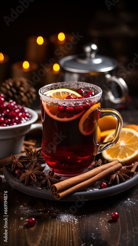 Mulled wine in a glass cup. Hot wine with spices and citrus slices. Sweet Christmas alcoholic drink with cinnamon and cloves.