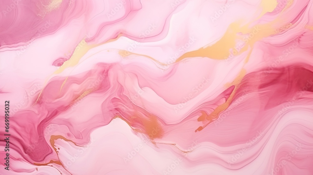 Abstract watercolor paint background illustration - Pink white color and golden lines, with liquid fluid marbled swirl waves texture banner texture - obrazy, fototapety, plakaty 