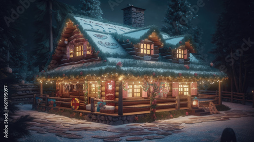 Amazing log house decorated of Christmas lights in magical forest with cartoon spruces and candy canes. Unusual Christmas 3d illustration postcard.