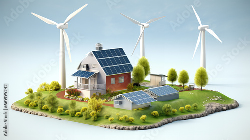 renewable energies, A house with solar panels and wind turbines photo