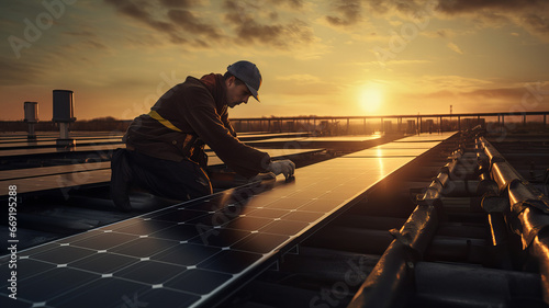 A man working on a solar panel, renewable energies