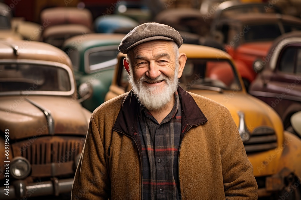 Joyful older man, with a heartfelt smile, surrounded by vintage cars. Joyful older man, with a heartfelt smile, surrounded by vintage cars.