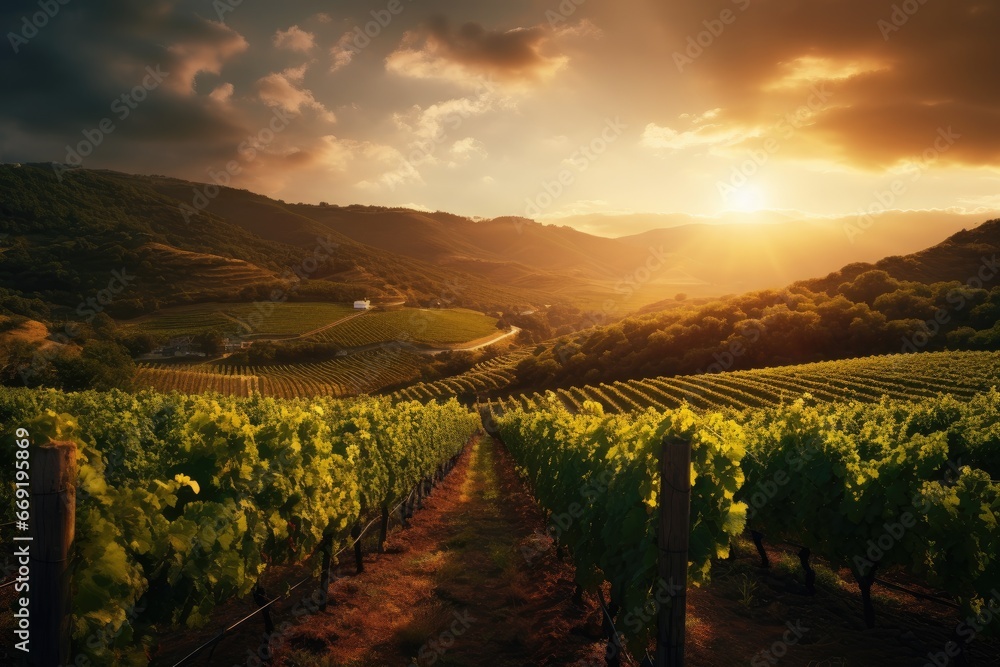 Lush vineyards at the golden hour.