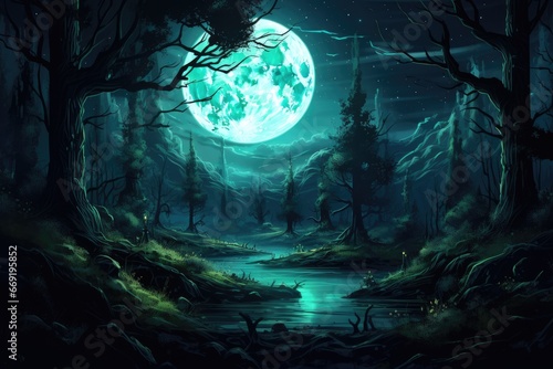 Luminous bioluminescent forest under a full moon