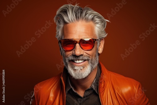 Mature man in stylish eyewear, flashing a charismatic grin.
