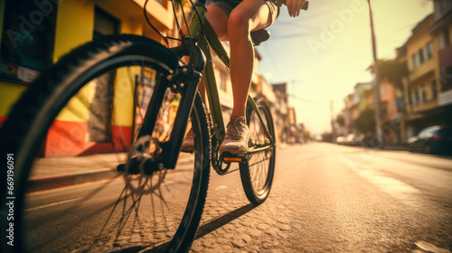 Bicycle riding on street in sunset.