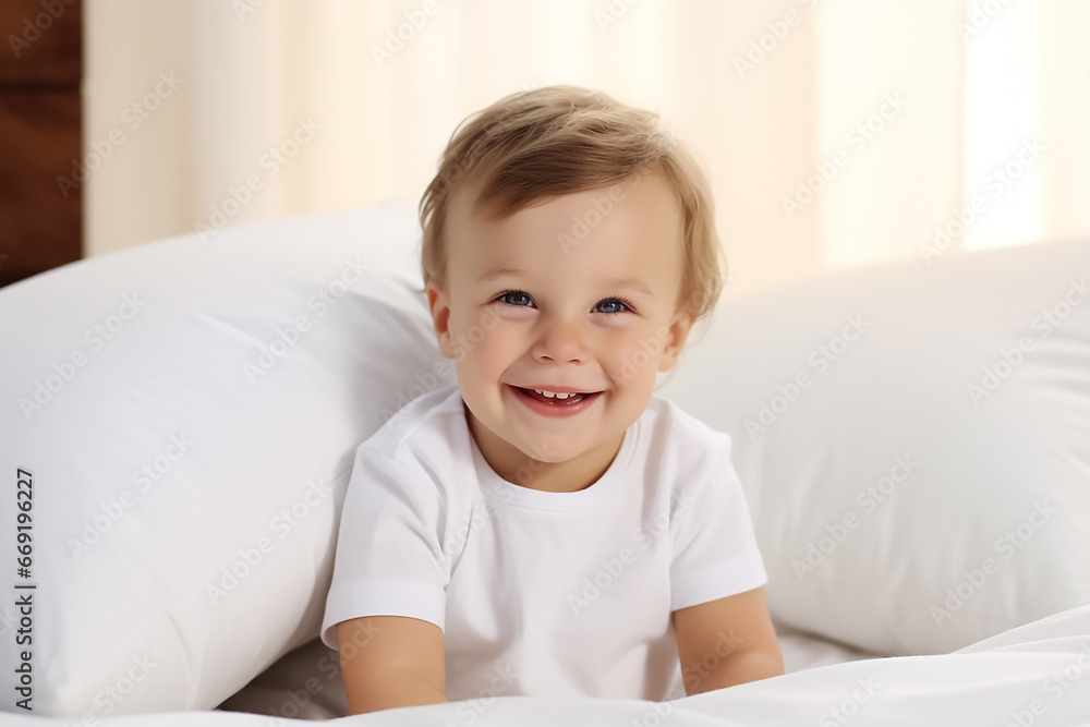 A portrait of an angelic pure kid in the white outfits with a big smile on a face shot in indoor lights on white background. Generative AI. A portrait of an angelic pure kid in the white outfits with a big smile on a face shot in indoor lights on white background. Generative AI.