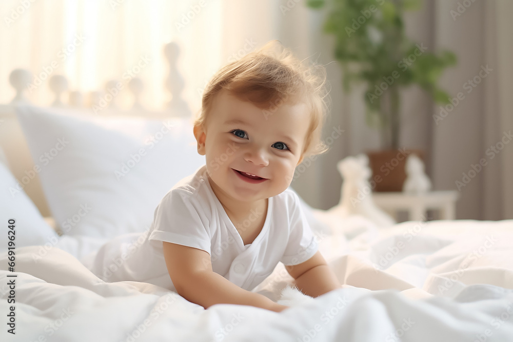 A portrait of an angelic pure kid in the white outfits with a big smile on a face shot in indoor lights on white background. Generative AI. A portrait of an angelic pure kid in the white outfits with a big smile on a face shot in indoor lights on white background. Generative AI.