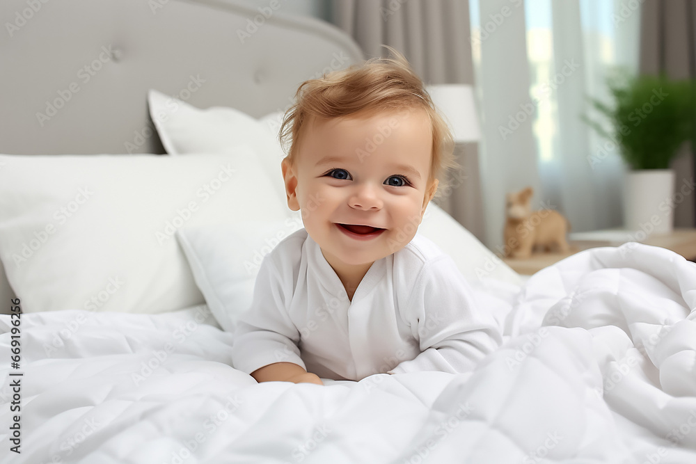A portrait of an angelic pure kid in the white outfits with a big smile on a face shot in indoor lights on white background. Generative AI. A portrait of an angelic pure kid in the white outfits with a big smile on a face shot in indoor lights on white background. Generative AI.