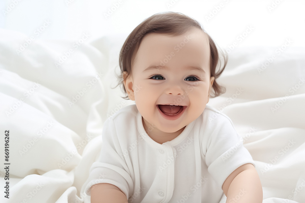 A portrait of an angelic pure kid in the white outfits with a big smile on a face shot in indoor lights on white background. Generative AI.