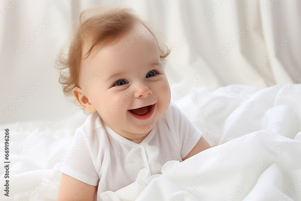 A portrait of an angelic pure kid in the white outfits with a big smile on a face shot in indoor lights on white background. Generative AI. A portrait of an angelic pure kid in the white outfits with a big smile on a face shot in indoor lights on white background. Generative AI.