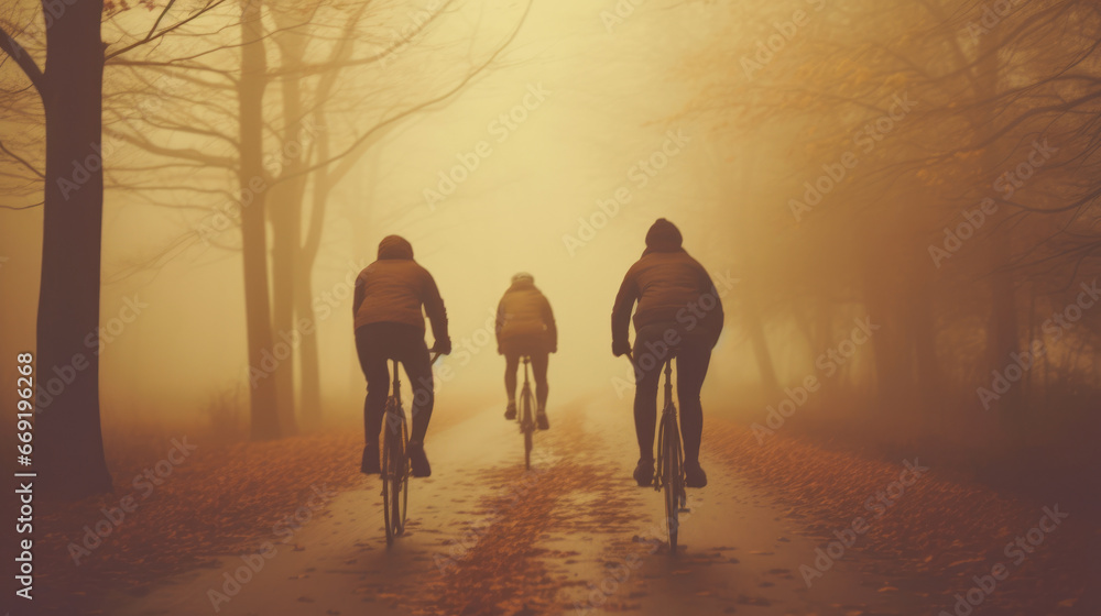 Three riders riding bikes through a foggy autumn forest foggy morning. Three riders riding bikes through a foggy autumn forest foggy morning.