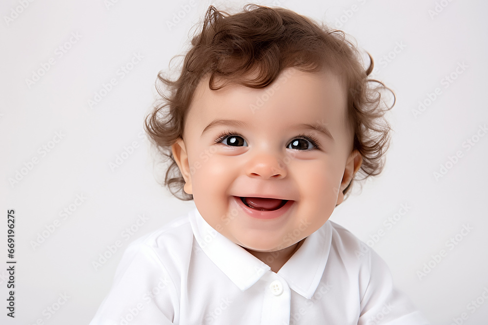 A portrait of an angelic pure kid in the white outfits with a big smile on a face shot in indoor lights on white background. Generative AI. A portrait of an angelic pure kid in the white outfits with a big smile on a face shot in indoor lights on white background. Generative AI.