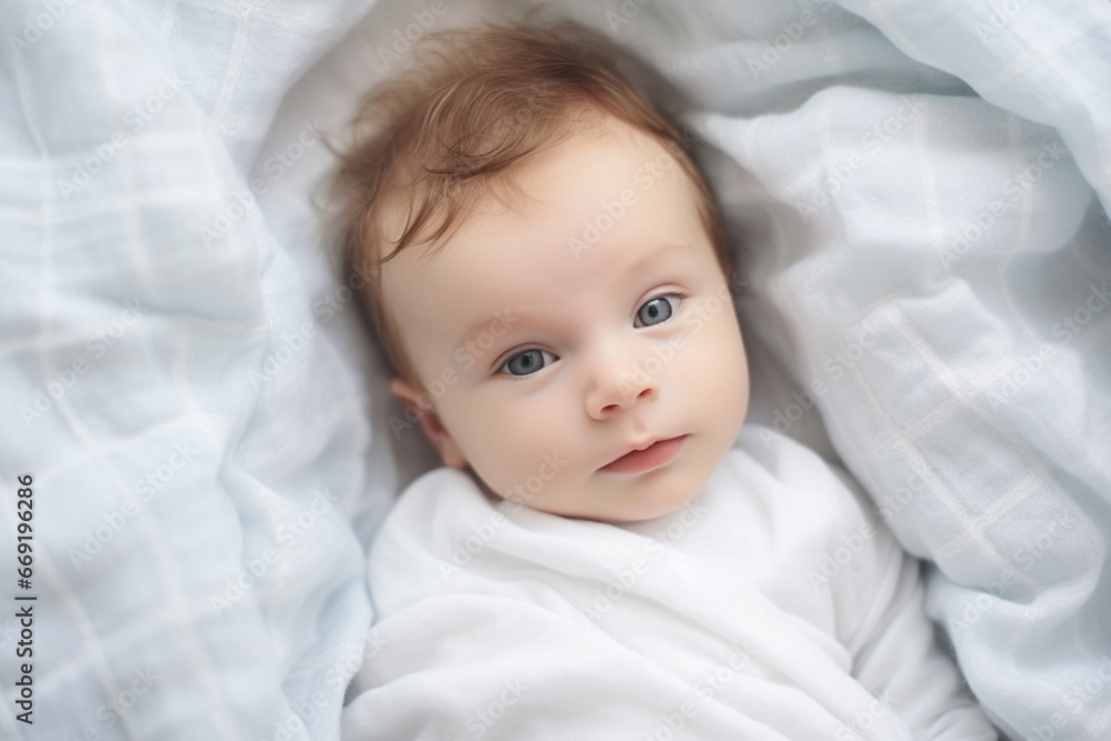 A portrait of an angelic pure kid in the white outfits with a big smile on a face shot in indoor lights on white background. Generative AI. A portrait of an angelic pure kid in the white outfits with a big smile on a face shot in indoor lights on white background. Generative AI.