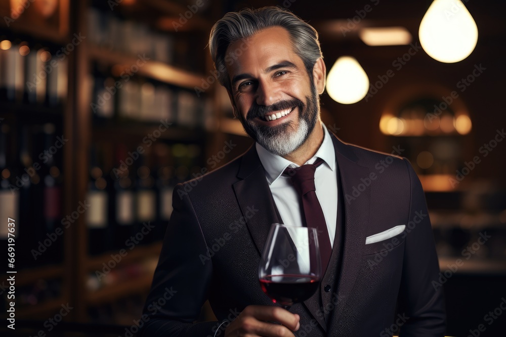 Smiling mature man in a classic suit, wine tasting experience Smiling mature man in a classic suit, wine tasting experience