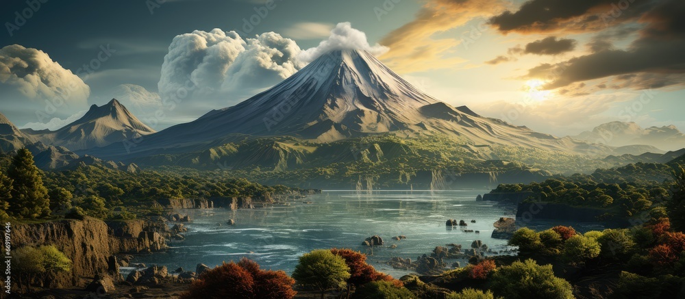 Naklejka premium Rays of morning sunlight on the volcano island mountain landscape. golden sunrise moment