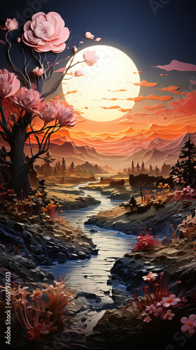 Twilight Tranquility: A Fantasy Coastal Sunset,scene with plants,landscape with flowers