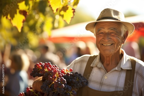 Senior man with a sunlit smile, participating in a wine harvest festival