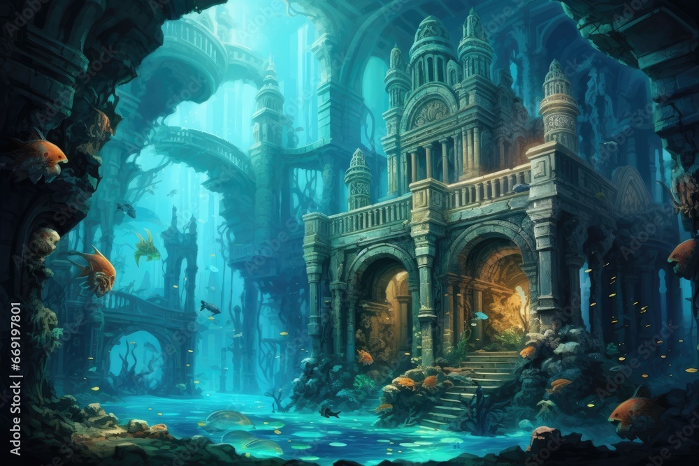 Underwater city with ancient ruins and sea creatures Stock Photo ...