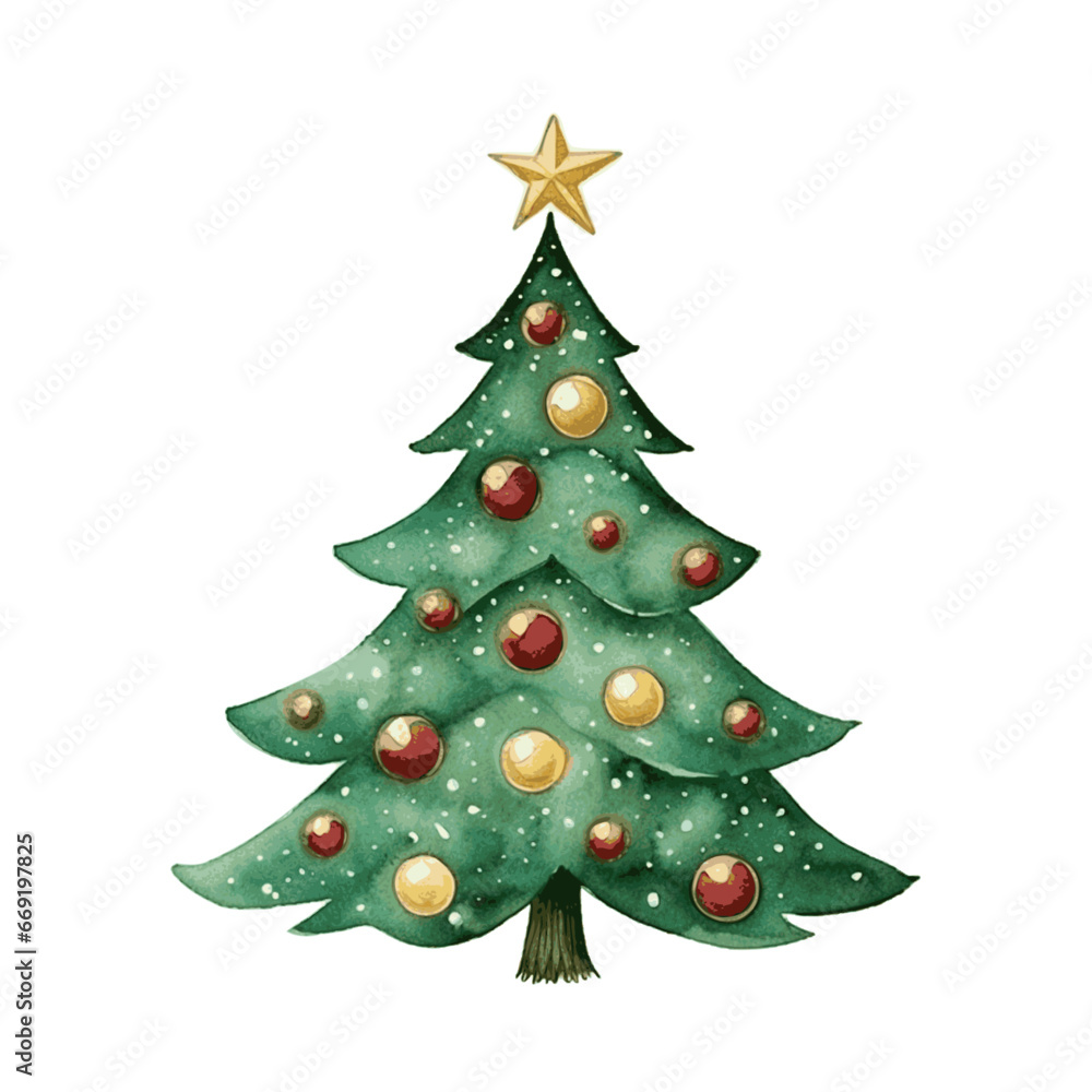 Christmas tree with red balls and golden star decor watercolor paint for greeting card
