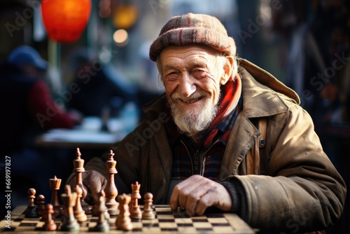 Vibrant older man with a smile, engaging in a game of chess.