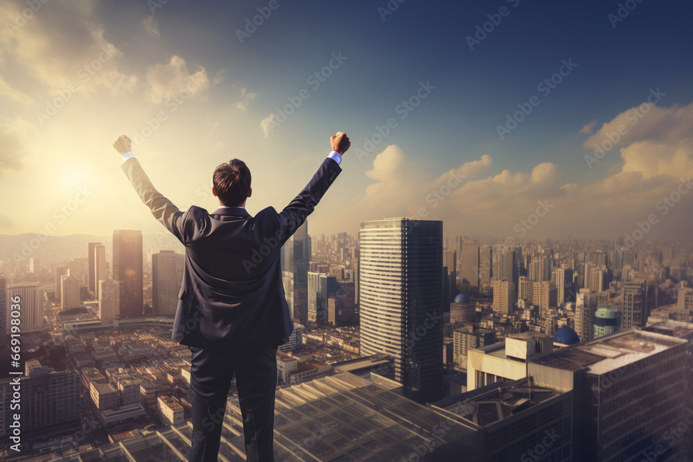 Successful businessman raising arms like a winner standing on roof