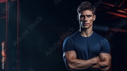 Portrait Of Happy Young Sporty Guy Posing At Gym Interior  Handsome Middle Male Athlete . Ready For Training.Copy Space. advertising Modern Sport Club. ai