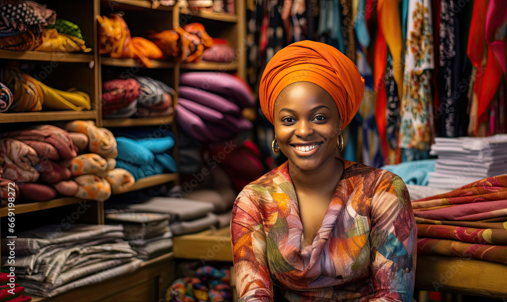 Cheerful African woman showcasing vibrant fabrics.