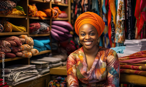 Cheerful African woman showcasing vibrant fabrics.