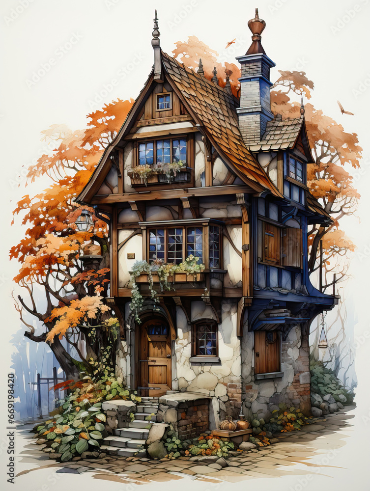 Enchanted Autumn Abode: A Whimsical Watercolor Illustration of a Cottage