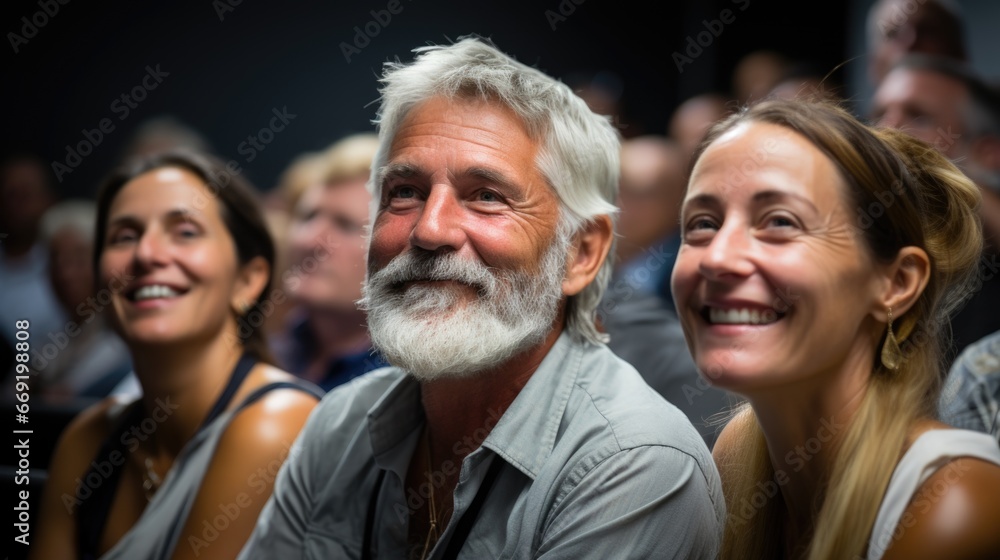 Happy diverse people laugh while sitting on chairs in a conference room and watching a scientific report.