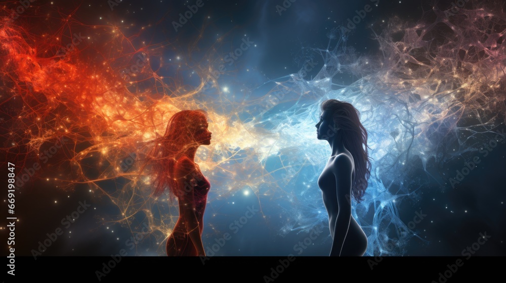 The struggle of light with darkness. Two girls are standing opposite