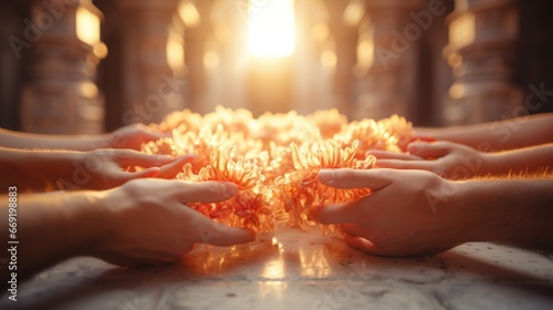 Women's hands in a circle hold lotus flowers against the background of a beautiful sunrise. The concept of rebirth and rebirth. Psychotherapy, relaxation, retreat