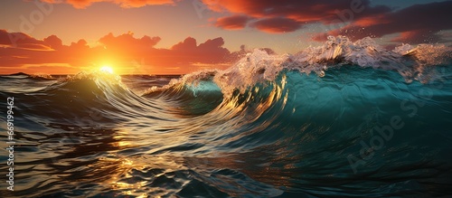 rolling waves in the middle of the sea at sunset