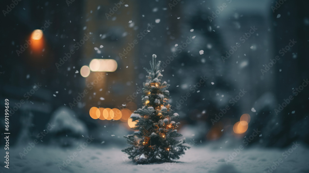 Fototapeta premium blurred christmas tree, snow, christmas, background.