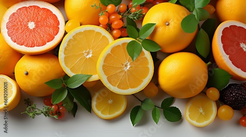 Citrus assortment of grapefruit with lemons and orange. Delicious vitamin composition of orange fruits. Healthy eating and diet food  banner on a white background.