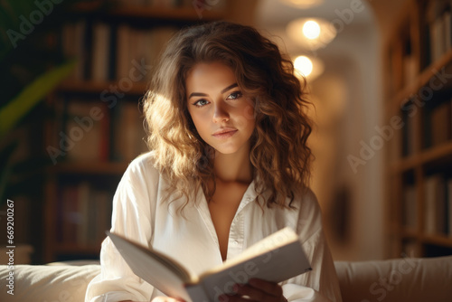 Young woman with curly hair in white shirt reading book in bright modern library, nerdy aesthetic, photography