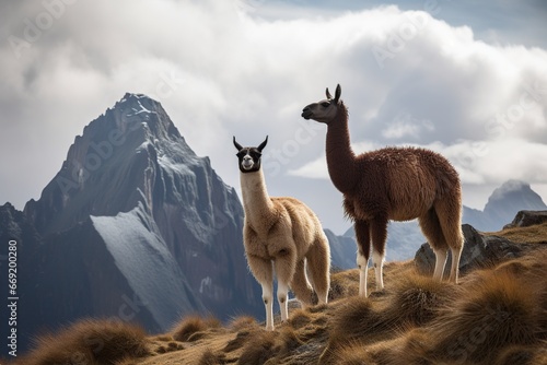 two llamas on the mountain photo