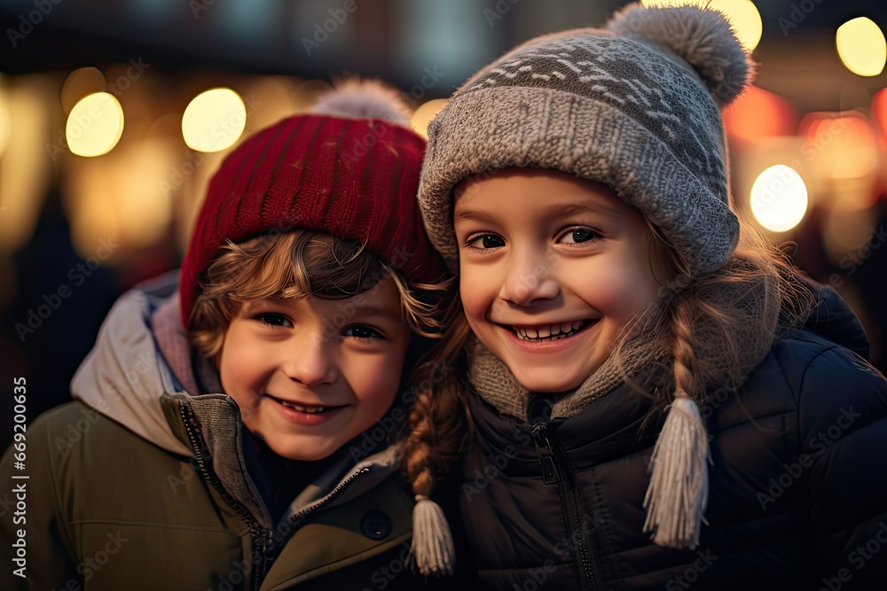 Two little kids, boy and girl having fun on traditional Christmas market. Happy children enjoying traditional family market. Two little kids, boy and girl having fun on traditional Christmas market. Happy children enjoying traditional family market.