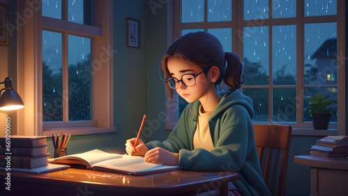 menina escreve à mesa em pôster de filme de chuva, no estilo de ilustrações oníricas, traçado vray, iluminação realista, ilustrações de livros infantis, núcleo quente photo