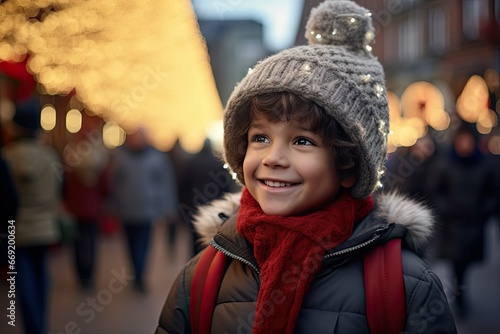 Child on christmas market. cute lovely boy in hat standing at street happy. Traditional leisure for families on xmas holidays. Family, tradition, holiday concept © Olena