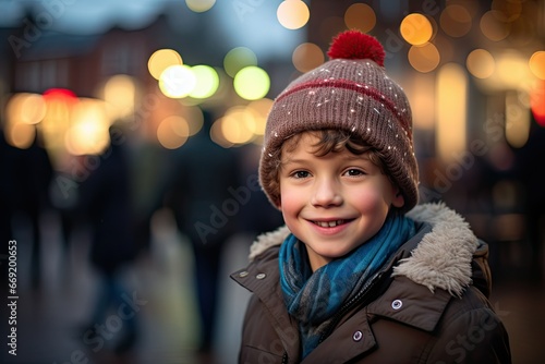 Little cute preschool boy on Christmas market. Happy child on traditional family market, Laughing boy in colorful winter clothes