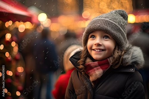 holidays, childhood and people concept, happy little girl at christmas market in winter evening