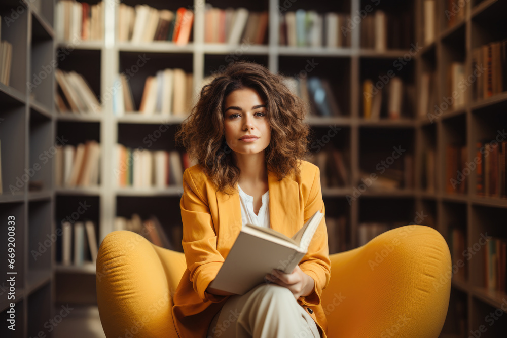 Young woman with curly dark hair reading book, sitting on yellow sofa in the library, bookshelves on the background, nerdy aesthetic, portrait photography Young woman with curly dark hair reading book, sitting on yellow sofa in the library, bookshelves on the background, nerdy aesthetic, portrait photography