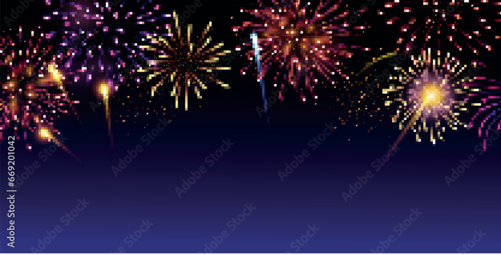 Vector decorative border with colorful exploding fireworks in the sky - celebration card, festival banner