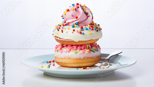 A plate with two donuts and sprinkles on it